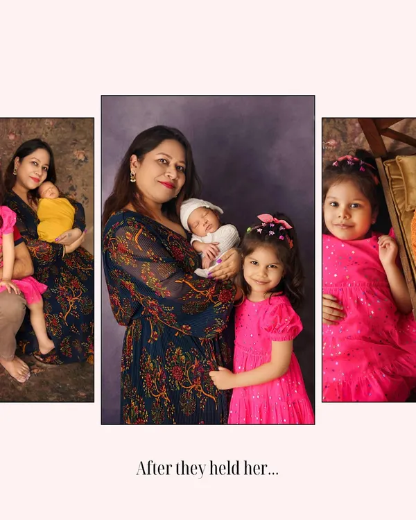 The "After." This collage shows the beautiful continuation of the family's story, with the new baby held lovingly in their arms. This is the magic of a Bump to Baby session.