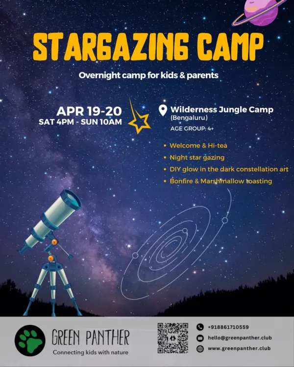Our Stargazing Camp poster for Bengaluru, inviting families to an overnight adventure. It details the key activities like night sky gazing, DIY constellation art, and a bonfire.
