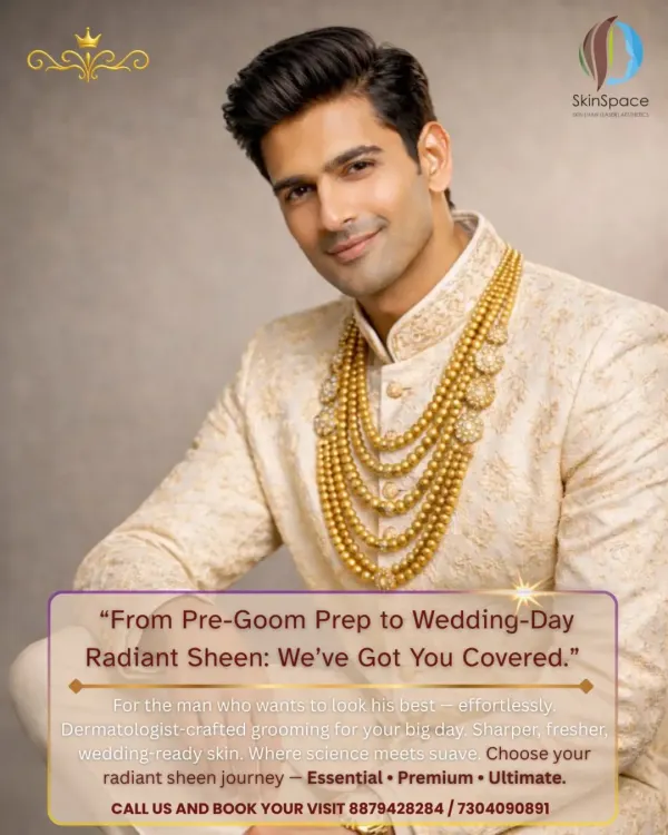 We believe great weddings deserve well-groomed grooms. This is an overview of our philosophy for men's pre-wedding skincare, offering a complete journey from initial prep to a lasting wedding-day radiant sheen with our Essential, Premium, and Ultimate packages.