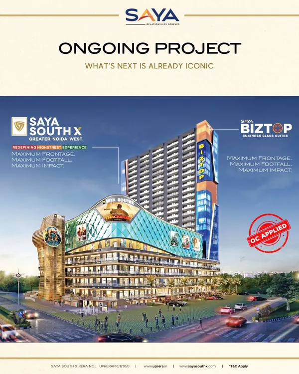 This architectural rendering showcases the iconic design of Saya South X and the integrated Saya Biztop business suites. It represents our vision for creating multi-faceted commercial landmarks that offer maximum frontage, footfall, and impact in Greater Noida West.