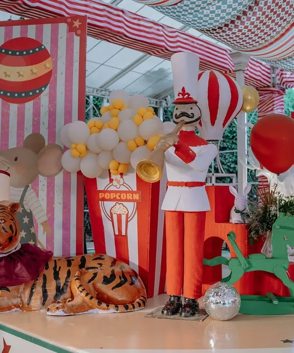 A majestic tiger, a towering nutcracker, and a giant popcorn box set the stage for our 'Cirque Royale' theme. Every prop is designed and crafted in-house to create a truly grand and theatrical entrance for the birthday celebration.