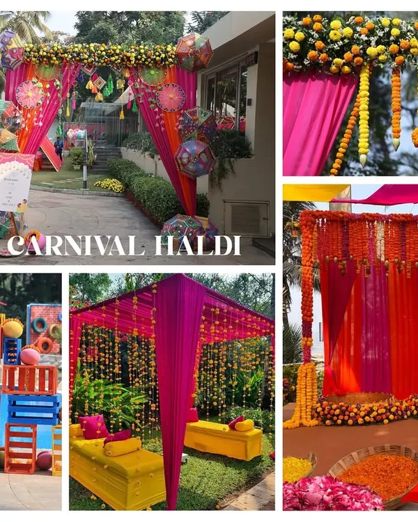 A glimpse into a "Carnival Haldi" theme. I use bright, bold colors like pink and yellow, quirky elements like painted crates, and traditional marigold strings to create a festive and playful atmosphere.