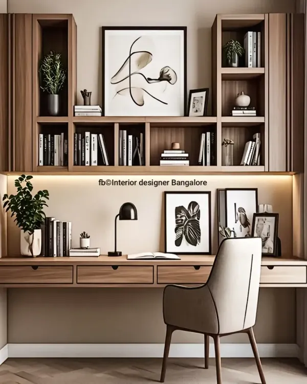 A classic and elegant study unit with ample shelving for books and decor. The warm wood finish, integrated desk drawers, and under-shelf lighting create a sophisticated and comfortable workspace.