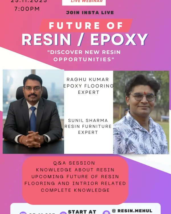 An announcement for a live Instagram webinar on the "Future of Resin/Epoxy," where I will be discussing new opportunities in resin furniture and flooring with another industry expert.