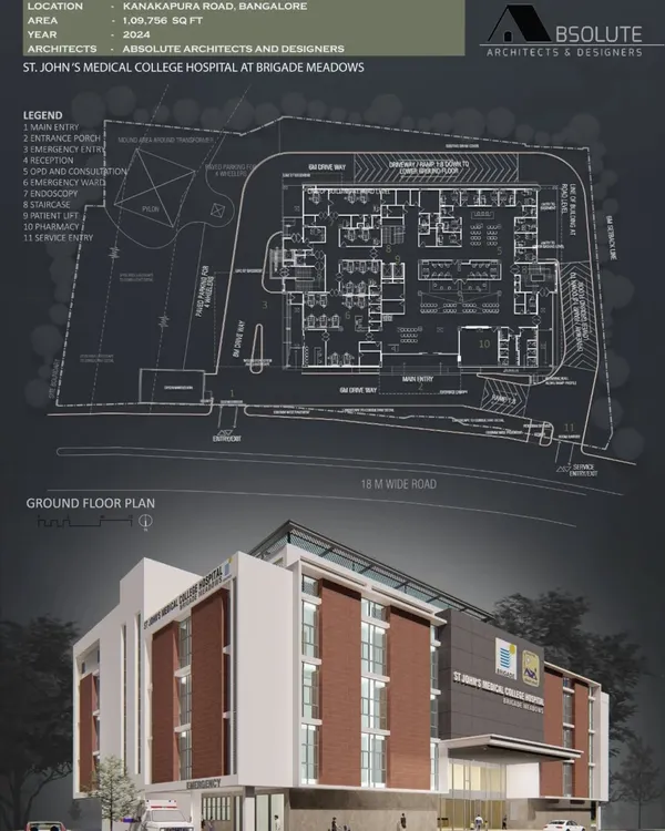 The ground floor plan and 3D render for the St. John's Hospital project. This technical drawing shows the meticulous planning of spaces, including the main entry, emergency services, and patient flow, which is crucial for a healthcare facility.