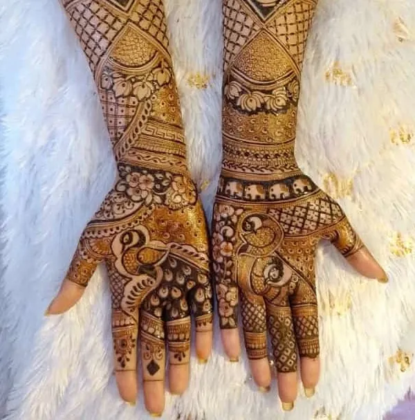 A stunningly detailed full-hand mehndi design featuring graceful peacocks and elephants. The combination of intricate line work and bold figures creates a rich, traditional look.
