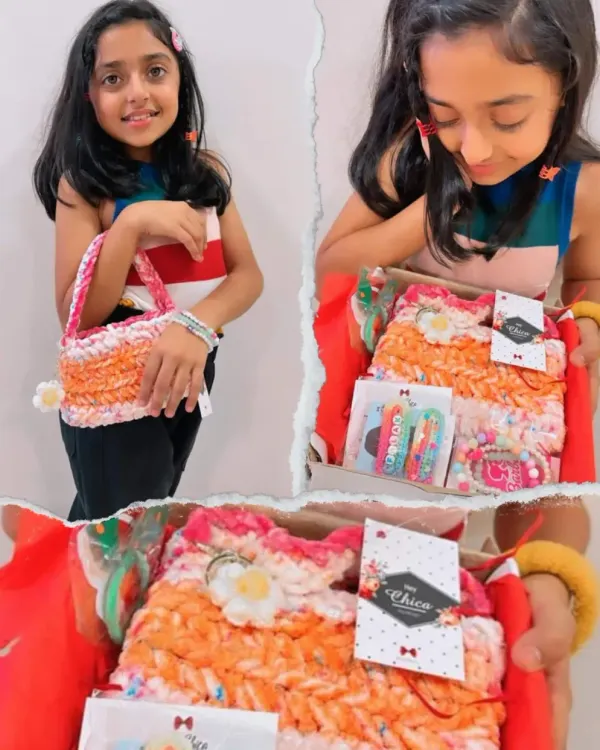The ultimate gift for a little fashionista! This collage shows a happy girl with her personalized hamper, including a handmade bag, name bracelets, and custom clips.
