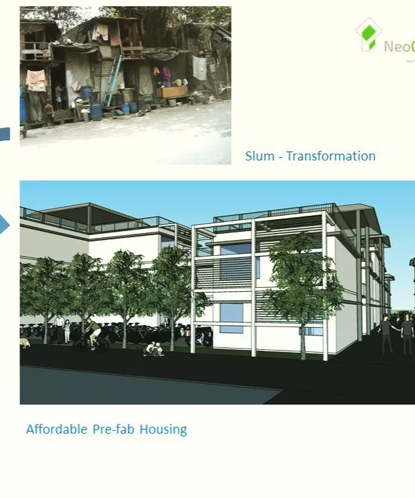 We believe in transforming communities, not just building houses. This concept shows our vision for a slum redevelopment project, turning crowded, unsafe structures into modern, green, and dignified affordable pre-fabricated housing for families.