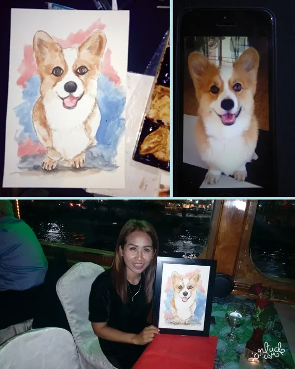 A three-part view showing the original photo of a happy corgi, the hand-painted watercolor portrait, and the delighted client with her framed gift.