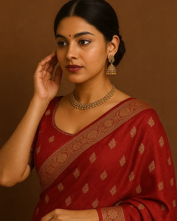 A beautiful three-quarter portrait of a model in a traditional red saree, showcasing the intricate gold jewelry and classic styling.