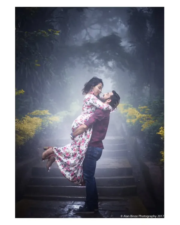 This is the kind of magic I chase. An atmospheric pre-wedding portrait session in the misty morning at Nandi Hills, where the fog and soft light create a scene straight out of a movie.