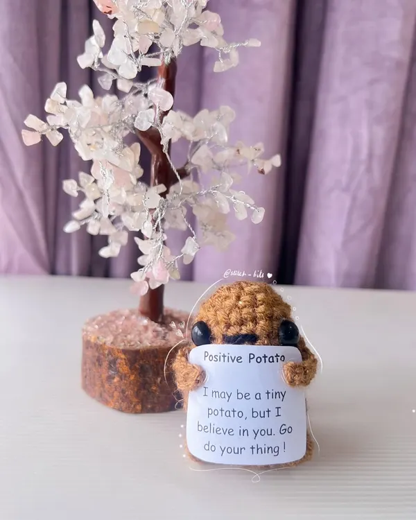 Here is my original Positive Potato, holding a sign that says "I may be a tiny potato, but I believe in you. Go do your thing!"