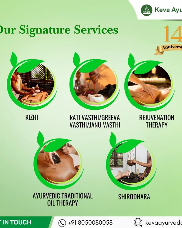We offer a comprehensive suite of signature services. This includes targeted pain relief therapies like Kati Vasthi, full-body rejuvenation, traditional oil therapies, and the deeply relaxing Shirodhara.
