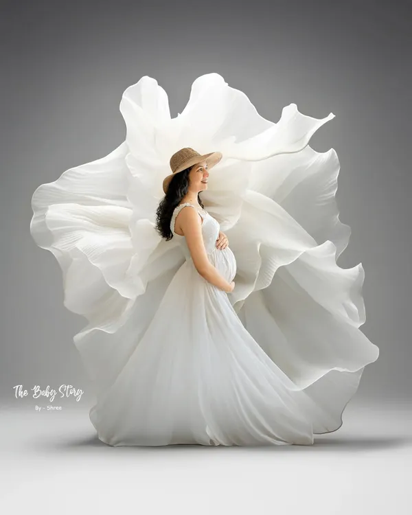 This is one of my signature styles, using flowing white fabric to create a dramatic, flower-like effect. It’s a powerful way to create an artistic and ethereal solo maternity portrait that celebrates the beauty of your pregnancy.