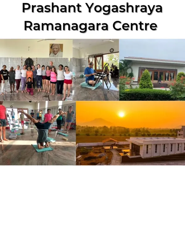 An overview of our Ramanagara retreat centre, showcasing the beautiful grounds, practice hall, and the immersive experience we offer.