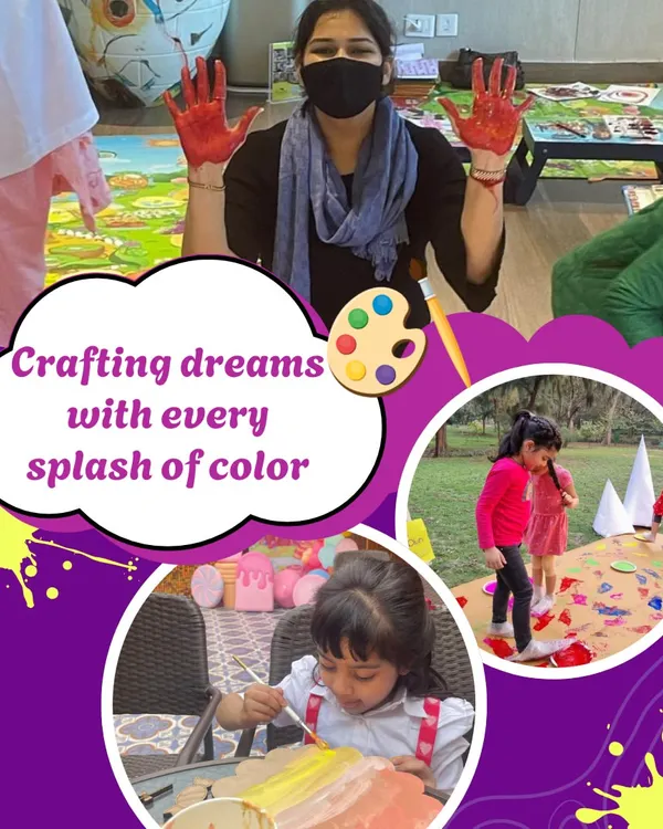 This collage captures the essence of what we do: crafting dreams with every splash of color. It shows kids engaged in different art activities, from finger painting to canvas work, all in a fun and nurturing environment.