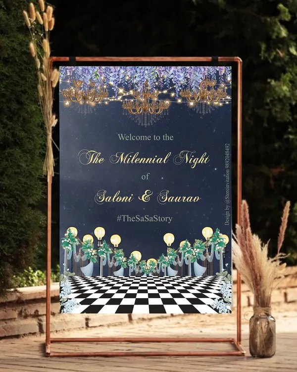 Welcome to an evening of enchantment. For this 'Millennial Night' celebration, I designed a welcome sign that captured a glamorous, starry night theme, complete with celestial chandeliers and a whimsical checkerboard floor to set a magical tone.