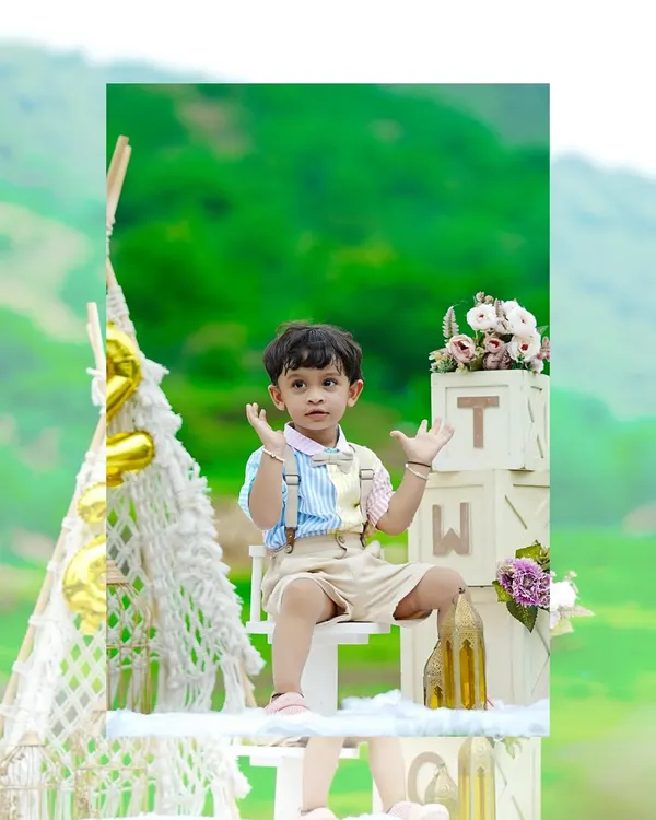A creative collage from an outdoor second birthday shoot, showing the little boy posing happily in the fresh air.