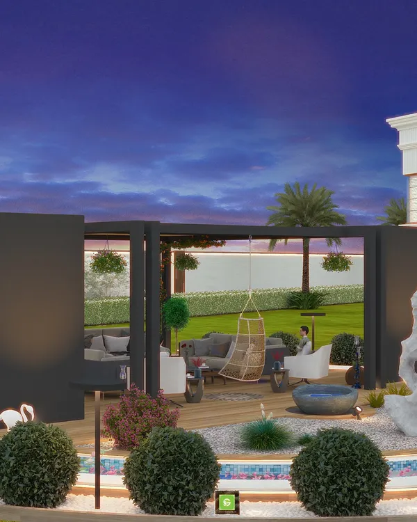 This is a 3D visualization I created for a client in Palwal. It shows a modern pergola with a large seating area, set within a meticulously landscaped garden featuring a water feature and sculptural elements.