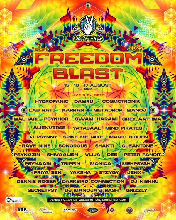 The poster for Freedom Blast 2025 in Goa, one of the biggest psytrance gatherings in the country. I was super excited to be part of this massive lineup.