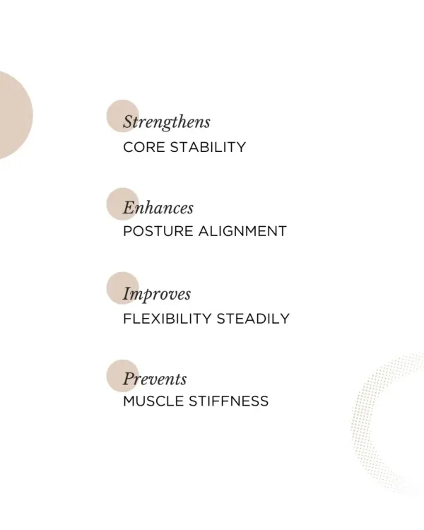 These are four of the core reasons to practice Pilates: strengthening core stability, enhancing posture, improving flexibility, and preventing muscle stiffness.