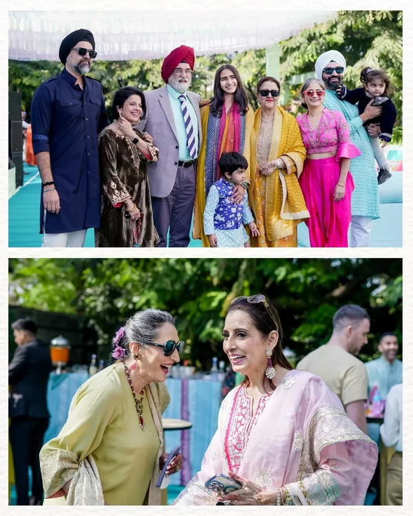 A collage capturing the heart of a family celebration. It features a full family portrait and a candid shot of two guests sharing a laugh at the Mehndi.
