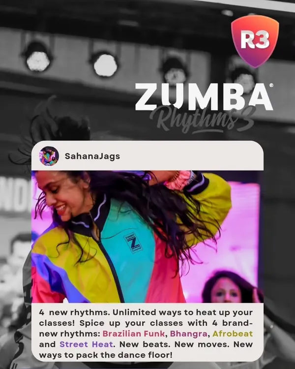Spice up your Zumba class with four new rhythms. This graphic promotes my Rhythms 3 training, where you'll learn Brazilian Funk, Bhangra, Afrobeat, and Street Heat to pack your dance floor.