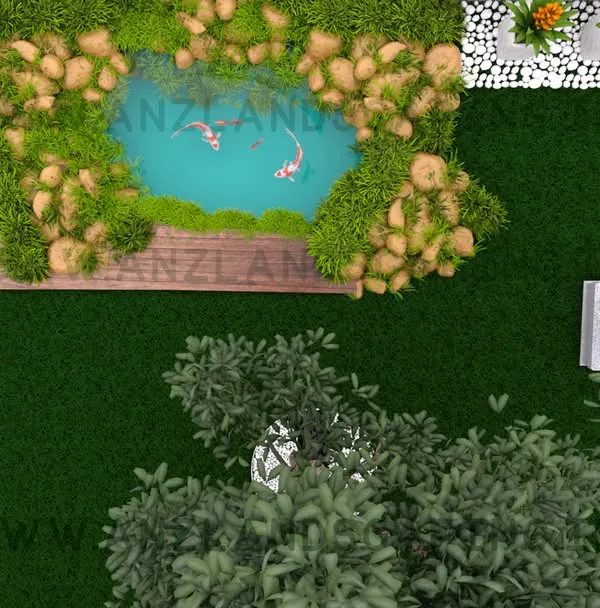 This is an example of a 3D design layout we provide to our clients. This top-down view helps in planning the placement of elements like pathways, water bodies, seating areas, and plant beds.