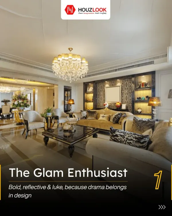 An expression of "The Glam Enthusiast," this living room is designed for drama and opulence. Featuring bold, reflective surfaces, a stunning crystal chandelier, and luxurious fabrics, it creates a sophisticated space that tells a story of elegance.
