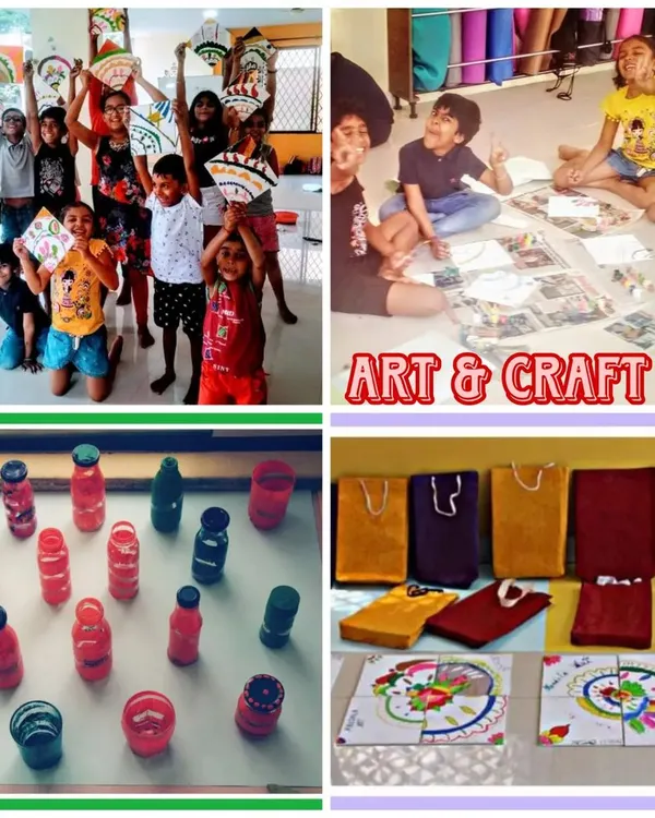 A celebration of the creativity unleashed during our art and craft sessions. This collage shows the variety of projects, from painting and paper crafts to recycled bottle art, and the proud smiles of our young artists.