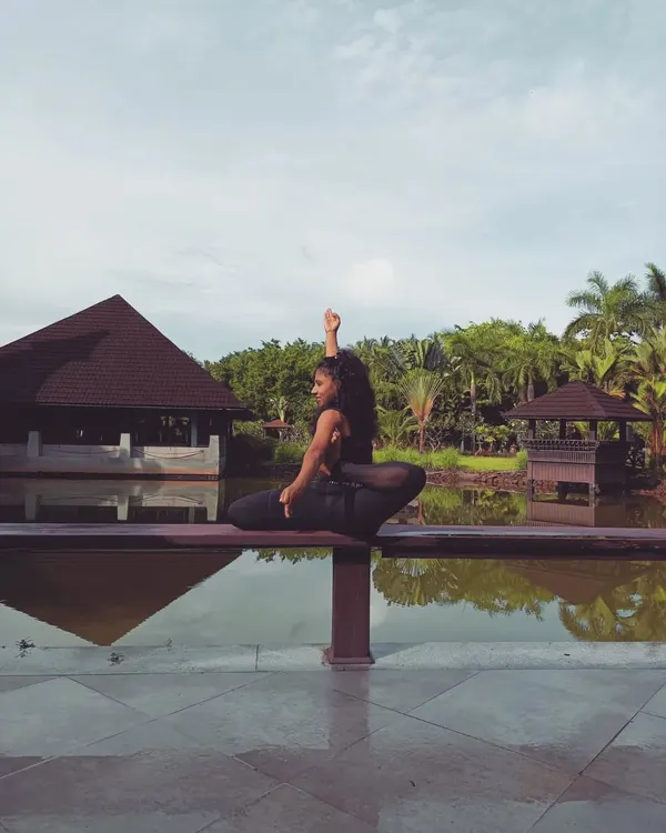 On the 7th day of Navaratri, we honor Goddess Kalratri, the destroyer of negative energy. This pose is a tribute to her fierce, protective power.