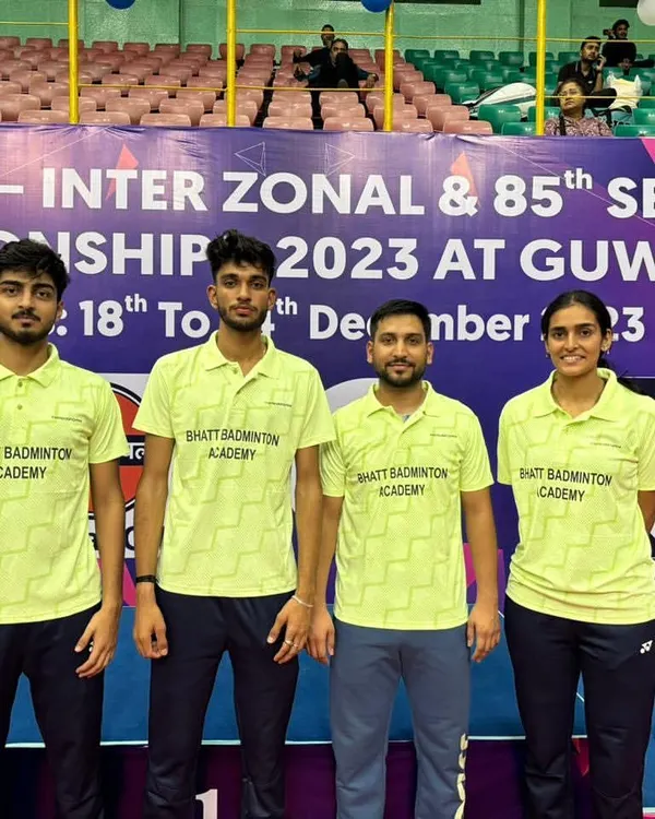 My team of four players representing Bhatt Badminton Academy at the 85th Senior National Badminton Championship in Guwahati. Competing here is a significant achievement.