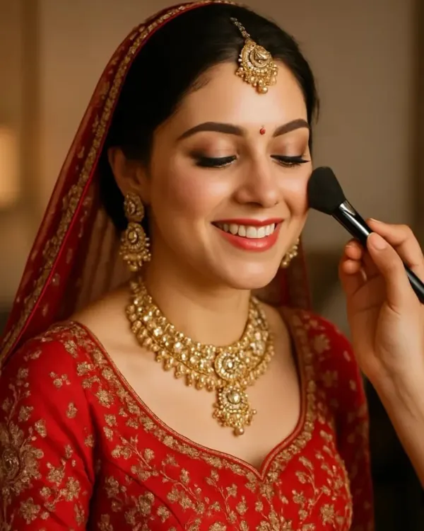 We believe every bride deserves to radiate joy on her special day. Here, we are applying a soft blush to enhance her natural glow, ensuring the makeup complements her beautiful red and gold lehenga and traditional jewellery.