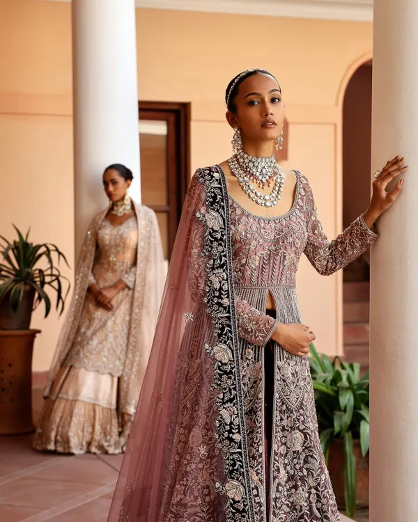 A key look from a campaign I styled, focusing on layered, opulent occasion wear. The combination of a blush pink embroidered jacket over a lehenga creates a regal look ideal for a bride or her family.
