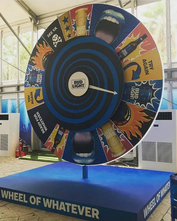We go beyond digital with large-scale physical activations like this giant "Wheel of Whatever" for Bud Light. This custom-built, fully branded prize wheel adds a classic, tactile element of chance and excitement to product launches and promotional events.