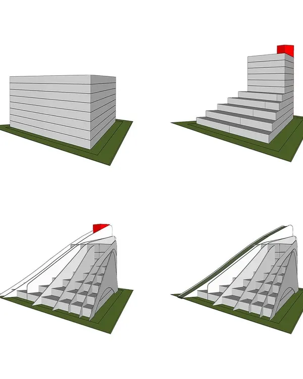 Terraced and peeled 5/8… a diagram showing the transformation from a solid block to a terraced building with a peeling roof.