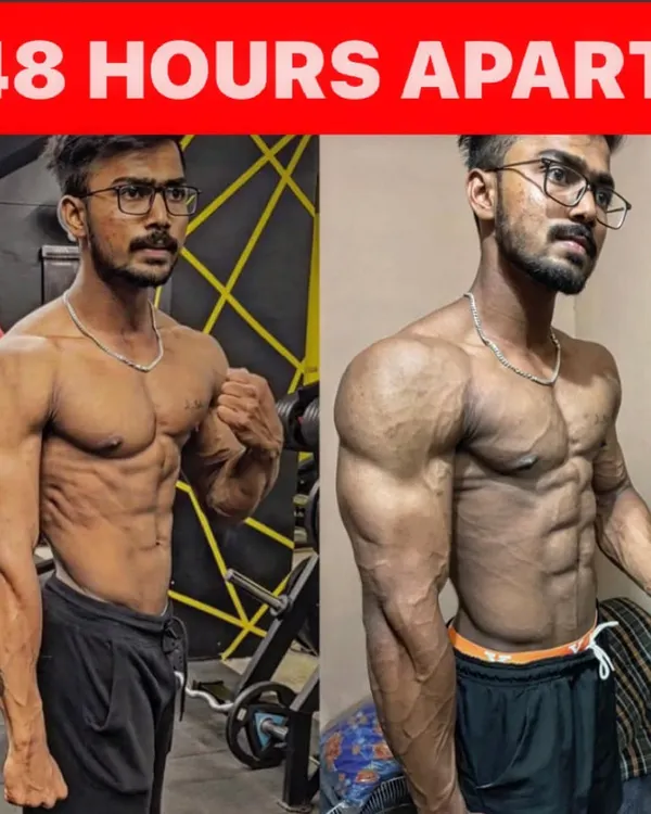 This is the power of a proper peak week, just 48 hours apart. On the left, the client is depleted. On the right, after carb loading, his muscles are full, round, and his skin is tight.