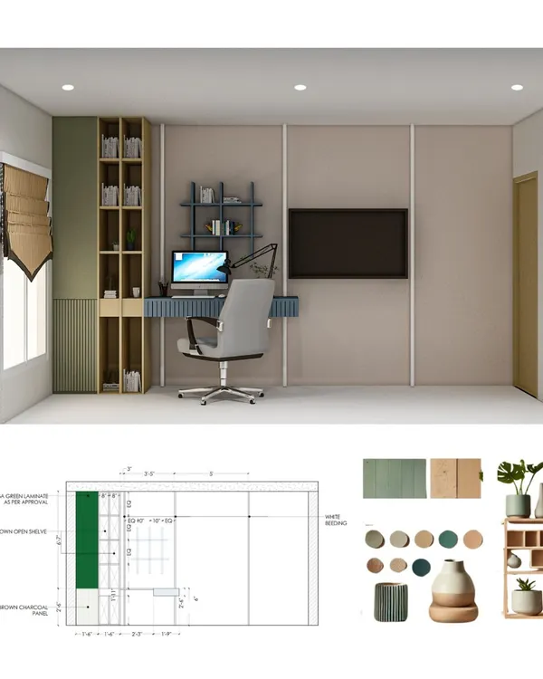 This image displays the complete design process for a home office, from the technical working drawing to the final 3D render. The space features a soothing palette of sage green and wood, with a built-in desk and ample shelving for a productive environment.