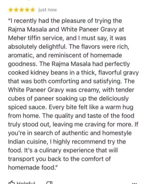 This detailed feedback on our Rajma Masala and White Paneer Gravy made our day. We are so glad the customer felt the "warm hug from home" in every bite.
