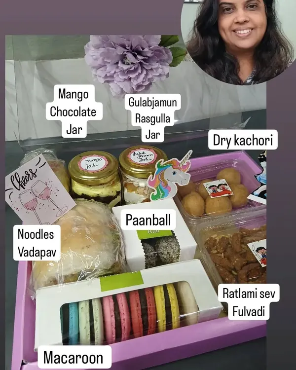 This is what a box full of happiness looks like. I created this custom birthday hamper with a mix of sweet and savory treats, including my popular Mango Chocolate and Gulabjamun Rasgulla dessert jars, colorful eggless macarons, and even some dry kachori and Ratlami sev for that perfect balance.