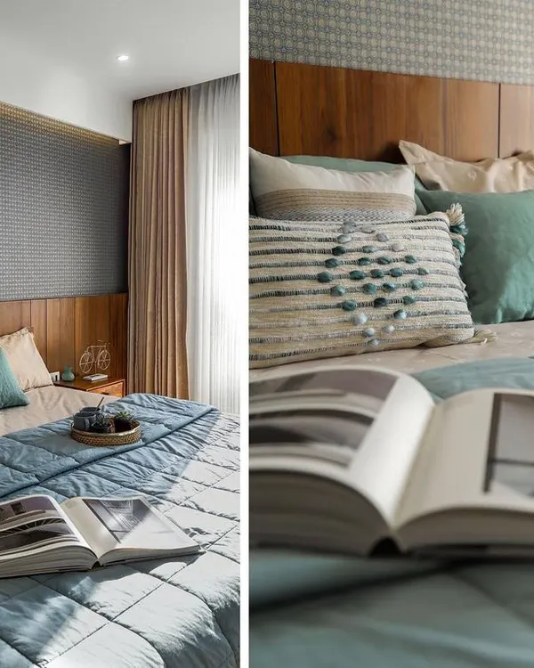 A diptych showing details of a master bedroom in a contemporary apartment. We used a combination of a dark textured accent wall, warm wood headboard, and soft blue and aqua textiles to create a sophisticated yet cozy retreat.