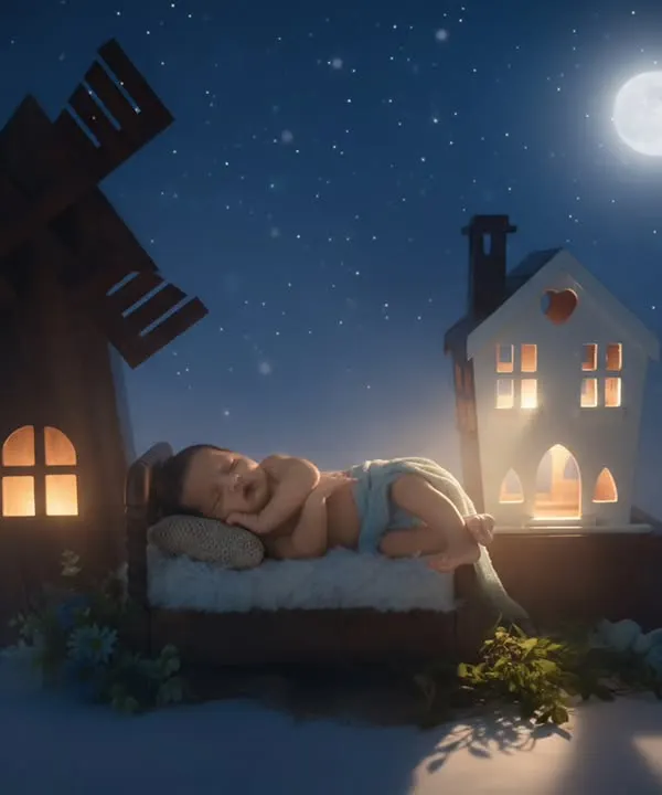 A magical newborn portrait featuring a baby sleeping peacefully in a miniature bed, set against a dreamy night scene with a windmill, a lit-up house, and a full moon.