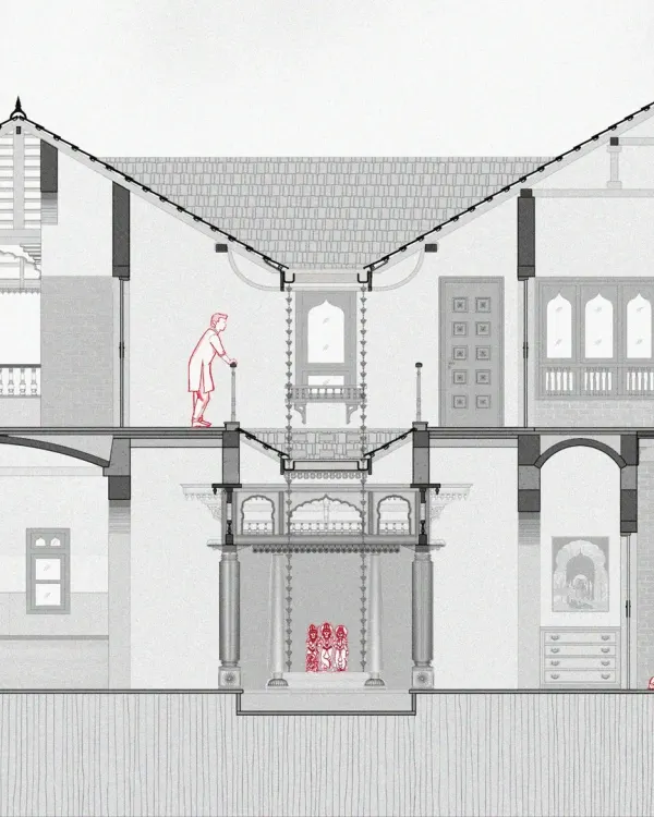 A detailed cross-section of the Chitradurga residence, illustrating the multi-level design and the interplay of private and open spaces. This drawing highlights the traditional roof structure and balcony details.