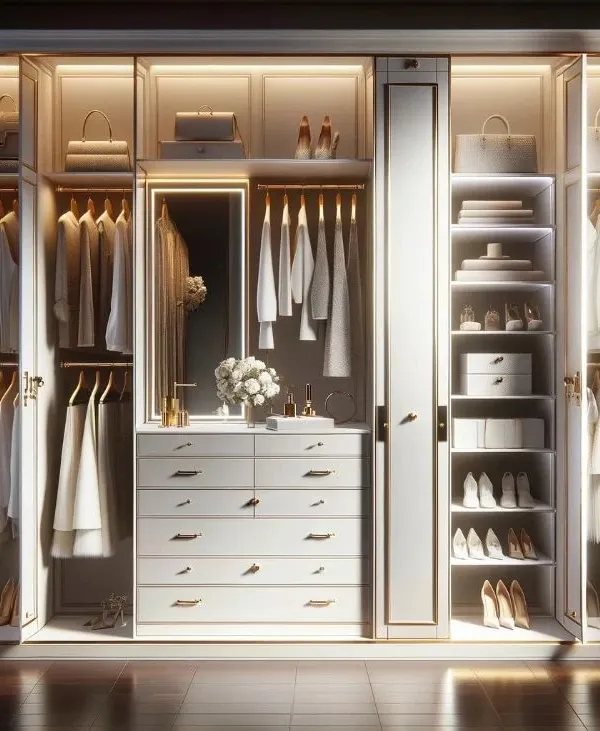 This bright and glamorous walk-in closet is finished in white with gold accents. It features a central dresser with a mirror, illuminated shelving for shoes and bags, and ample hanging space.