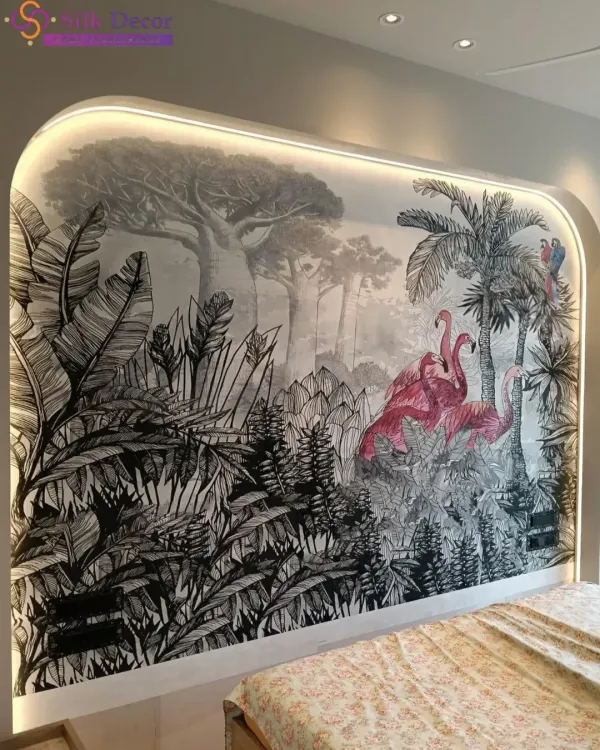 We brought a tropical retreat indoors with this custom bedroom wallpaper. The design features a dramatic, hand-drawn jungle scene in monochrome, with vibrant pink flamingos creating a stunning pop of color. The arched headboard with custom lighting makes it a true centerpiece.