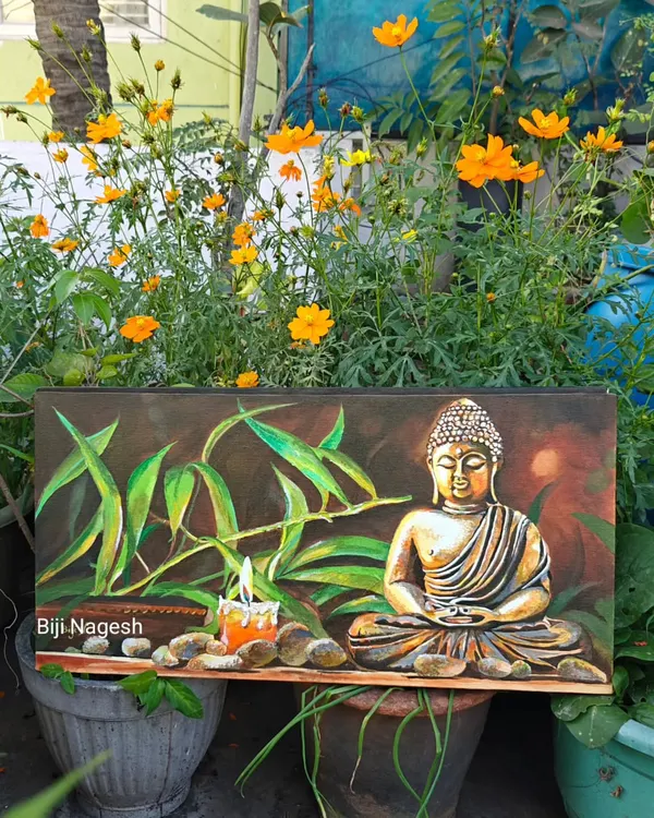 A serene Buddha painting on canvas, designed to bring a sense of calm. I used a special metallic finish that glows beautifully in candlelight and added real pebbles for a 3D tactile element. This piece looks wonderful in a garden or any peaceful corner of your home.