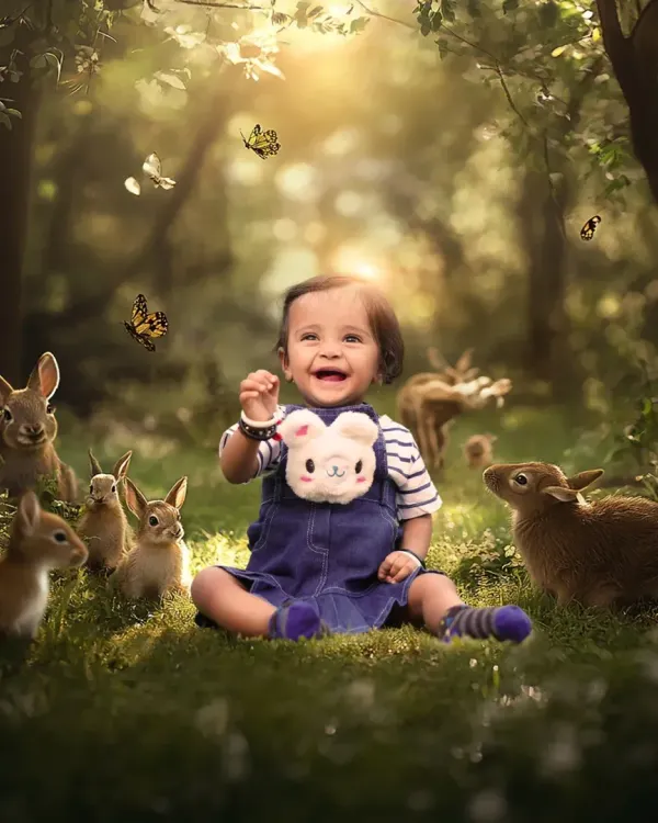 A magical, enchanted forest comes to life in this creative portrait session. I love creating these whimsical scenes that let a child's imagination run wild, resulting in truly unique and memorable photographs.