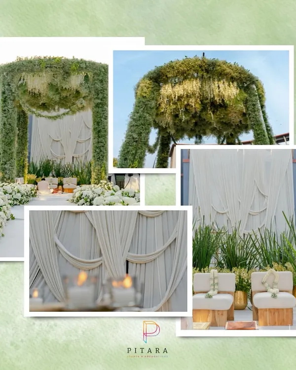 A closer look at our celestial canopy mandap. Covered in a lush carpet of baby's breath and greens with hanging floral strings, this design was all about creating a dreamy, organic, and sacred space for the pheras.
