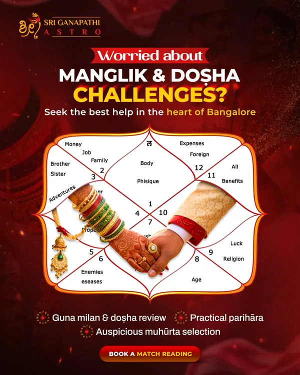 Many families worry about Manglik and other doshas before a wedding. I carefully study both horoscopes to understand the planetary influences, or grahas, and suggest practical parihara, or remedies, that bring harmony. My goal is to ensure your journey together starts with confidence and peace of mind.
