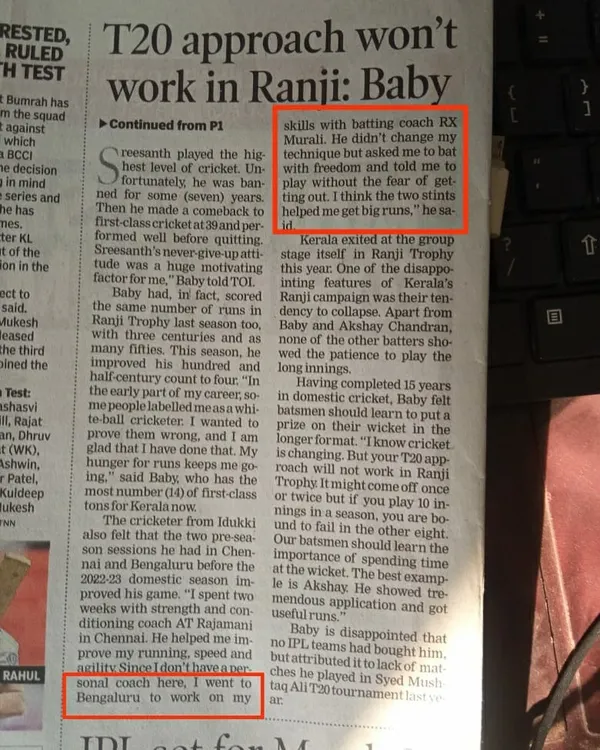 The greatest satisfaction for a coach is seeing your work acknowledged by the players. This newspaper article, where cricketer Sachin Baby mentions our work together, makes the effort worthwhile.